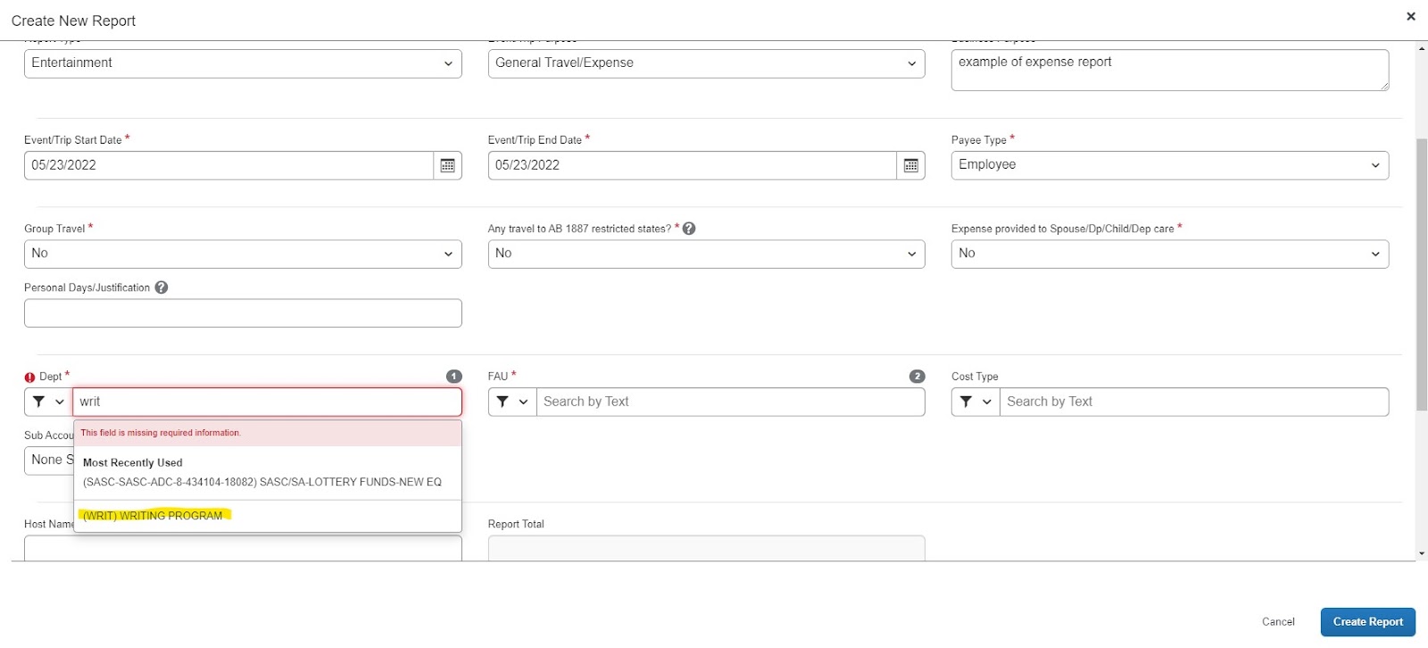 Expense Report - WRIT Example